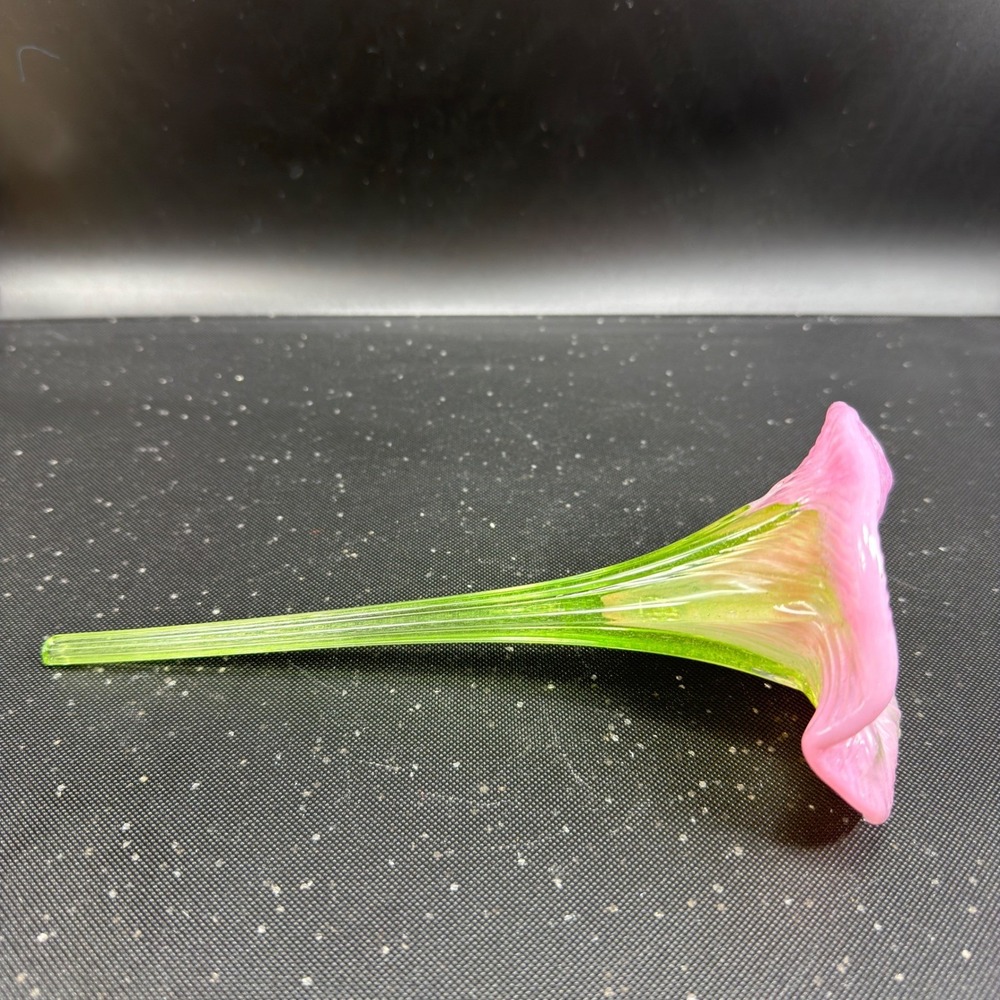 Hand Blown Glass Flower Pink Trumpet Morning Glory Green Stem Art Glass 7 Inch - Picture 9 of 11
